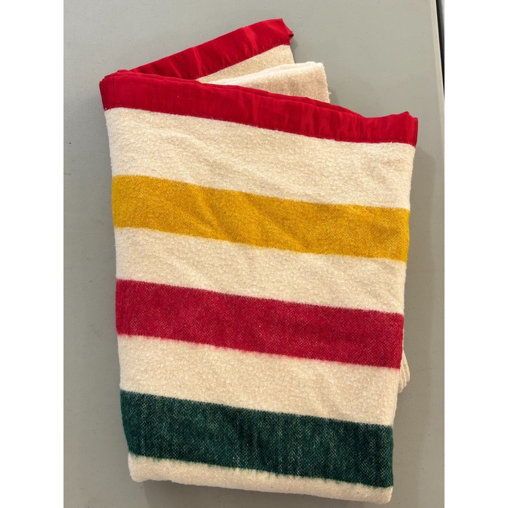Vintage Hudson Bay Style Striped Wool Blanket Multicolor Satin Trim 50x86 Throw